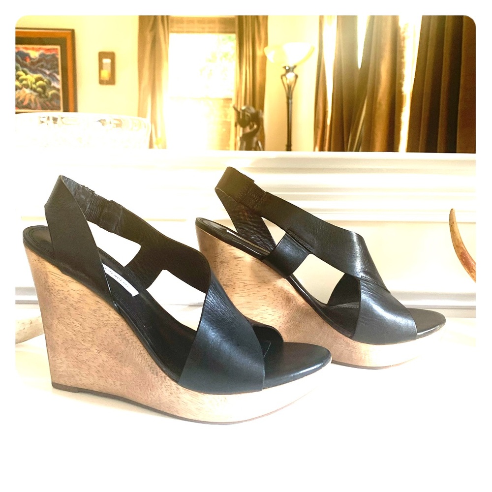 Diane von Furstenberg Black Sunny Leather Wedges